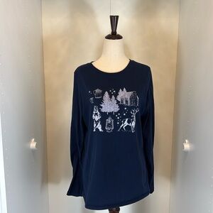 Croft & Barrow The Classic Long Sleeve Tee Blue with White Winter Scene Size M
